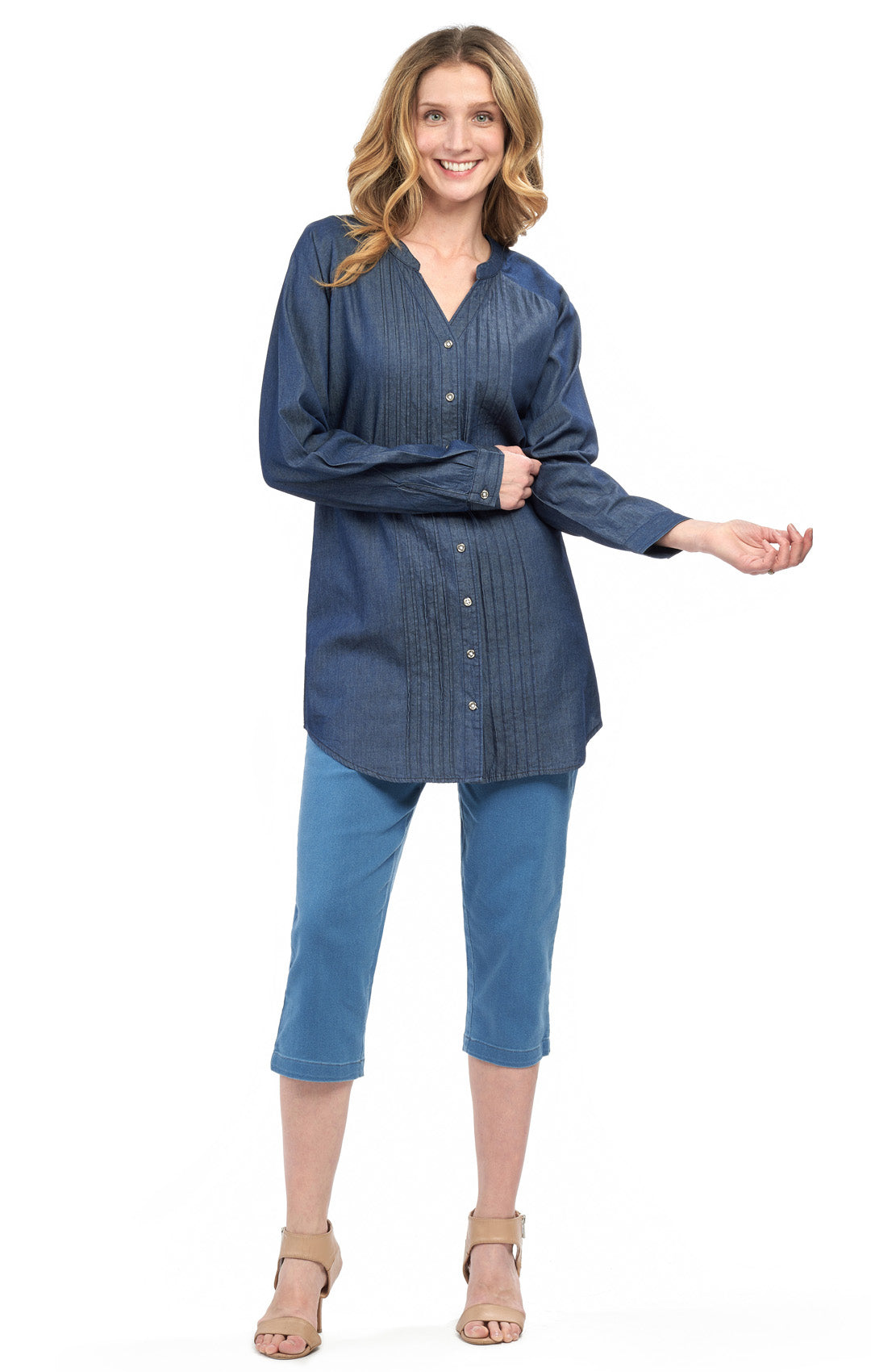 Women's Denim Pintuck Button-Front Tunic Top full