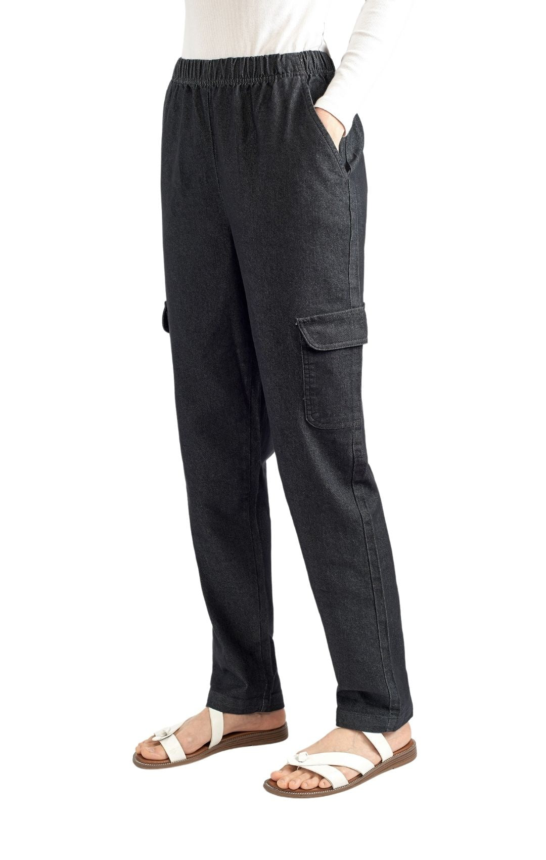 Women's Elastic Stretch Waist Casual Denim Pull-on Cargo Pants Black Side