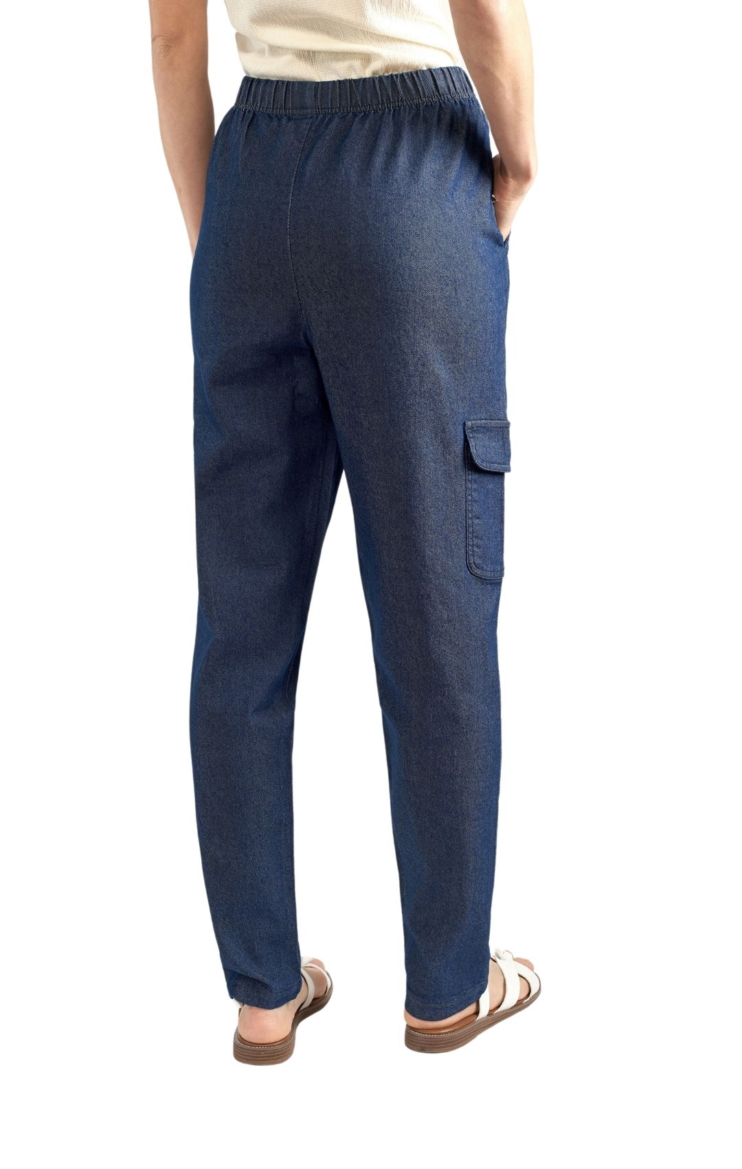 Women's Elastic Stretch Waist Casual Denim Pull-on Cargo Pants Indigo Back