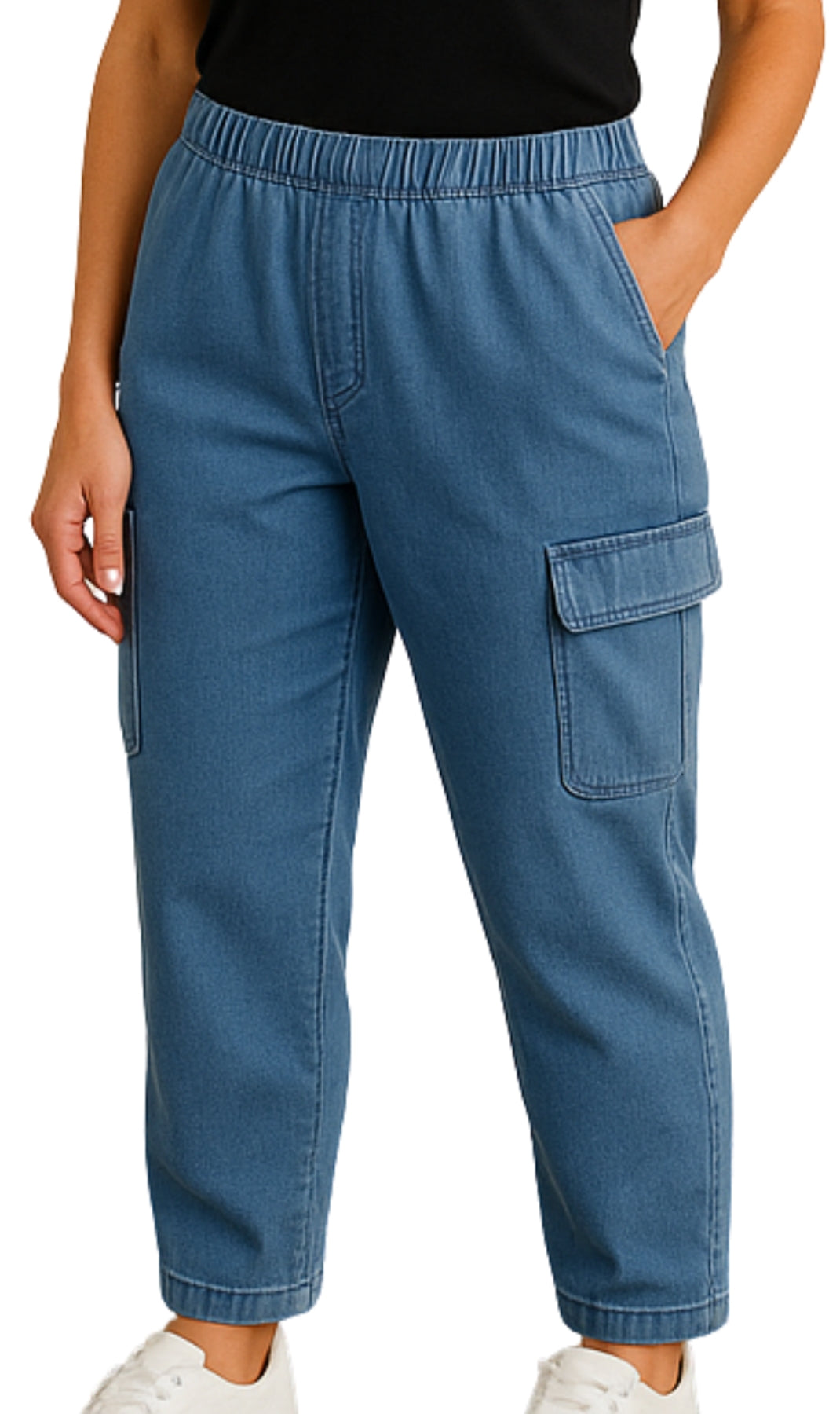 Blue cargo pants worn by a person on a white background