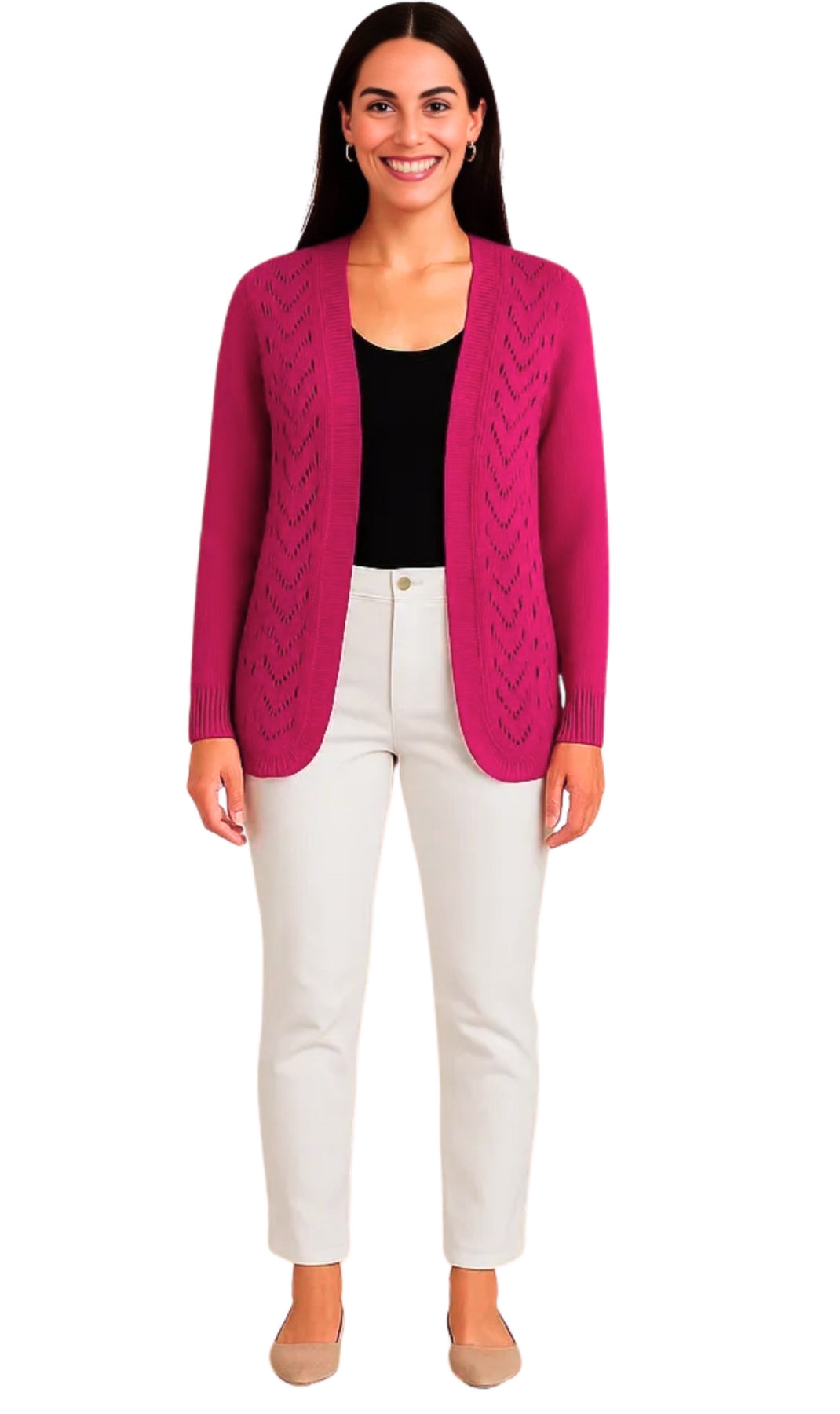 Woman wearing a berry cable knit cardigan over a black top and white pants on a white background
