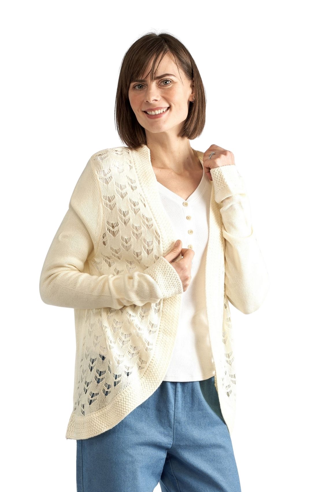 Women's Open Front Curved Hem Pointelle Shrug in Soft Acryllic Ivory Front