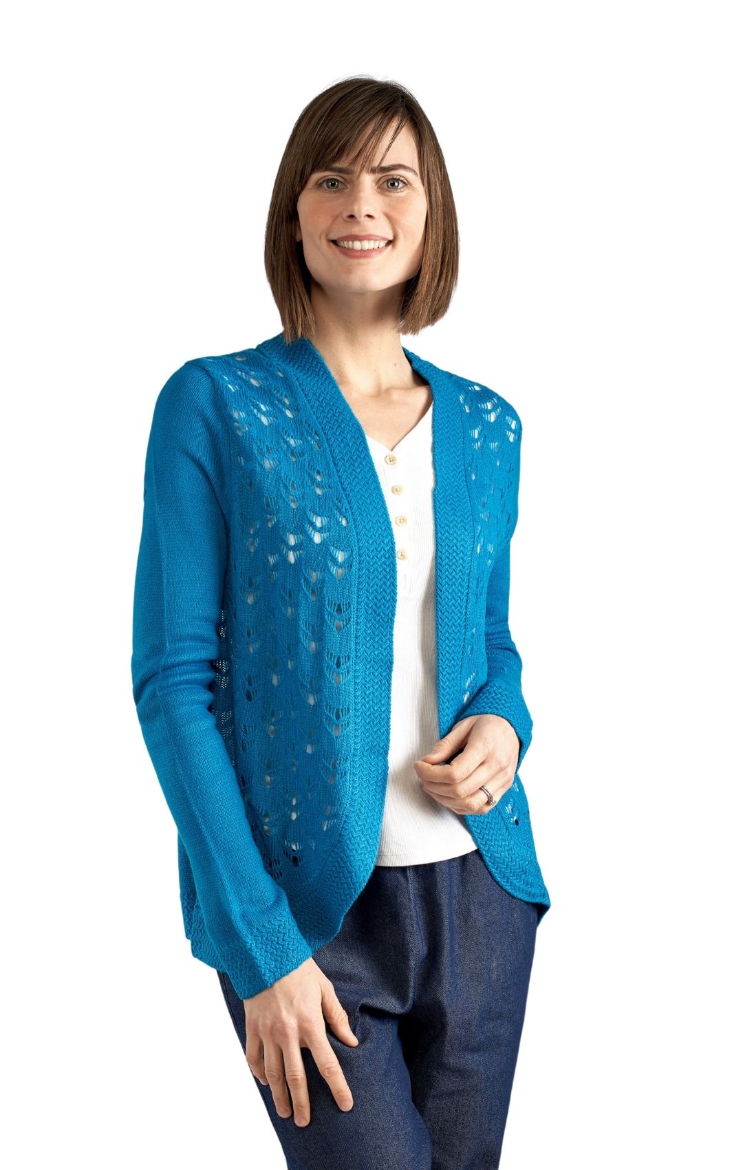 Women's Open Front Curved Hem Pointelle Shrug in Soft Acryllic Teal Front