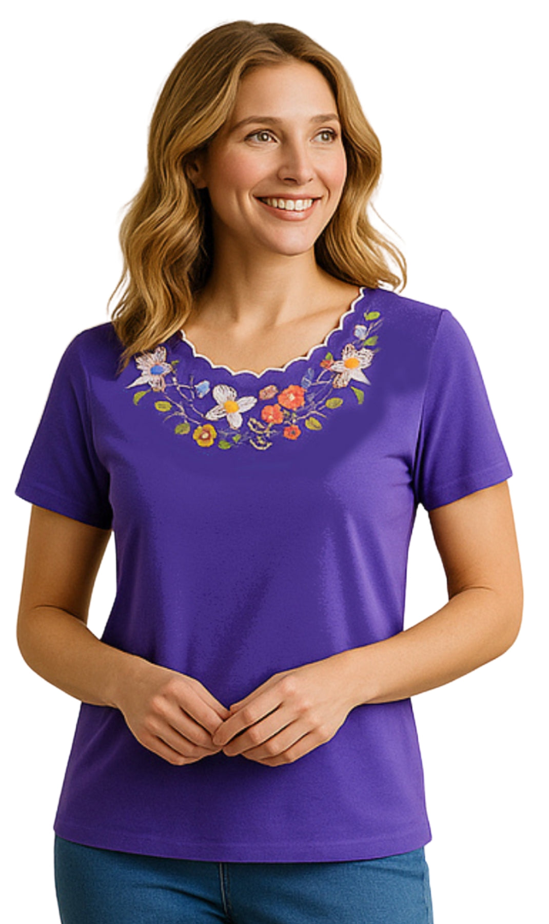 Women's Scalloped Neckline Embellished Tee Lavender
Front