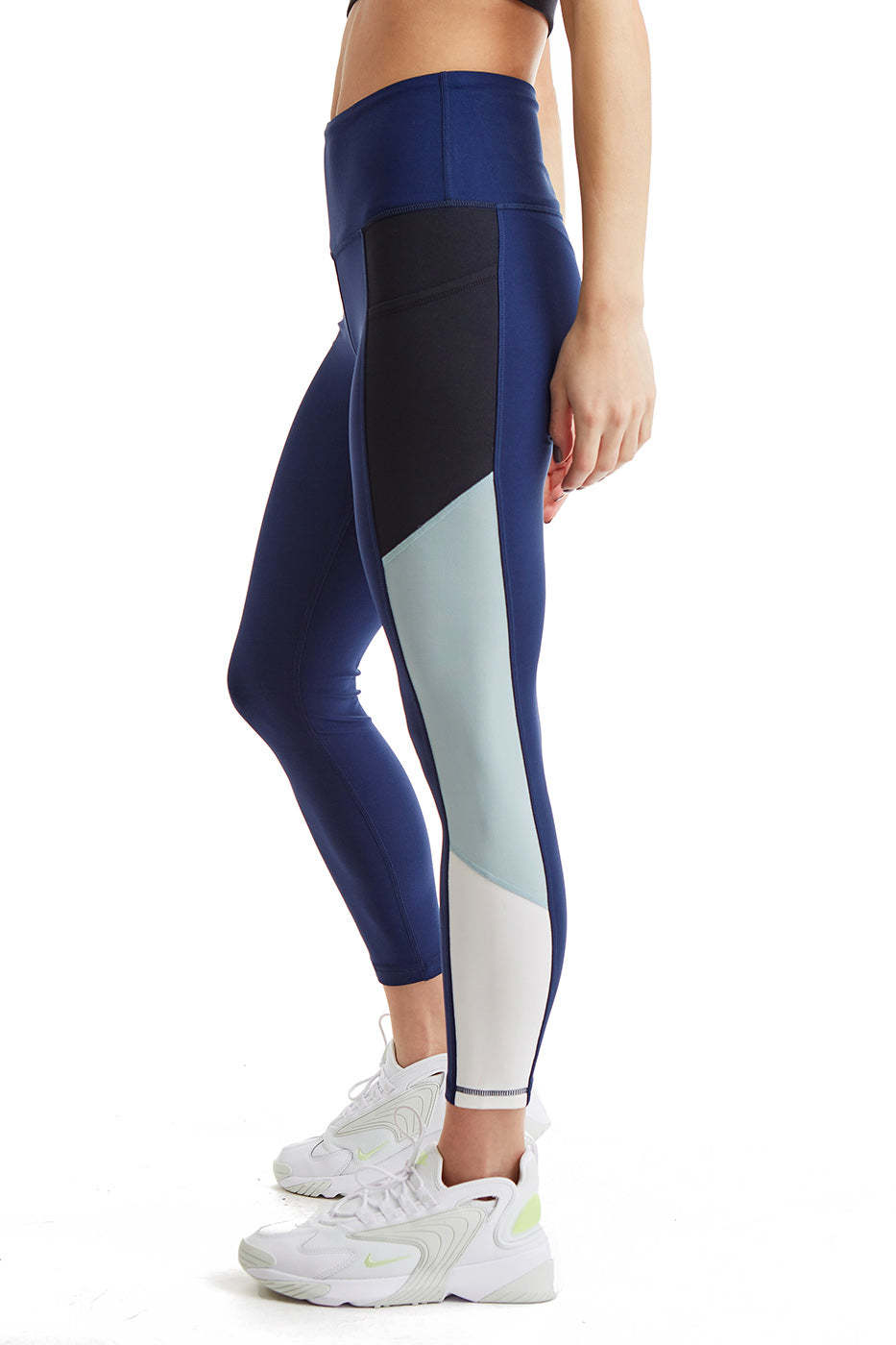 Women's Side Color Block Leggings 24" inseam - Dusk Blue - Left side  -TURTLE BAY APPAREL